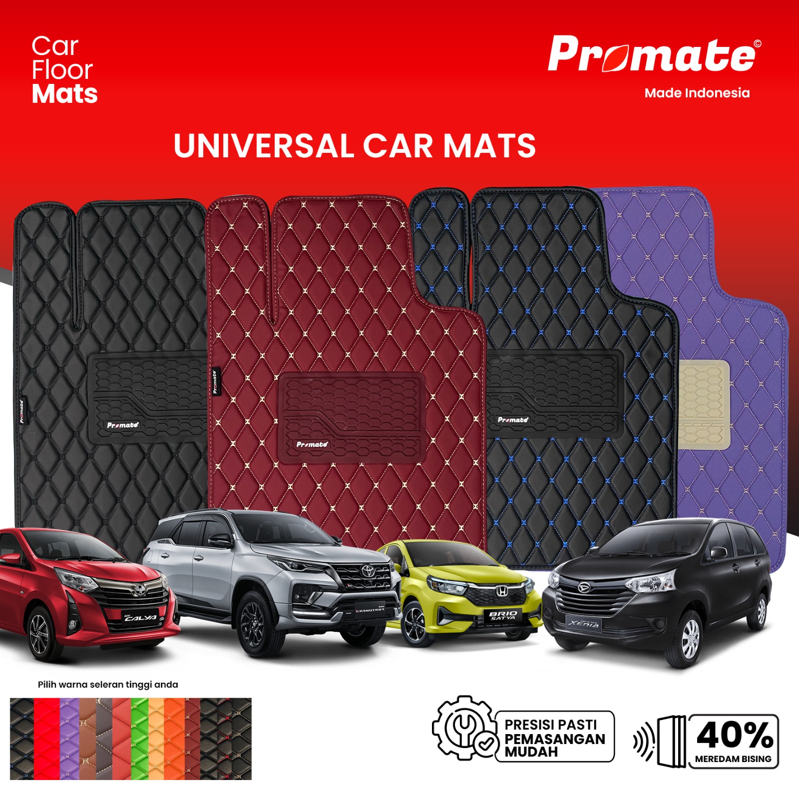 Universal Promate Karpet Mobil 2 Baris Universal 5 Pcs Bahan Kulit Waterproof Berkualitas